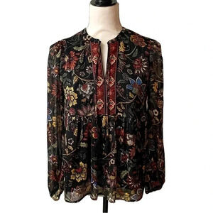 Frye & Co Floral Metallic Chiffon Boho Blouse Split Tie Neck NWT XS
